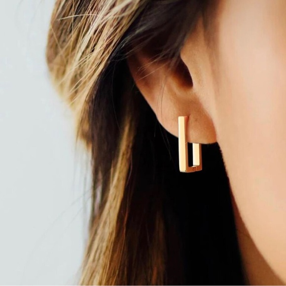 Rectangle Gold Plated Minimalist Hoop Earrings - Picture 4 of 6